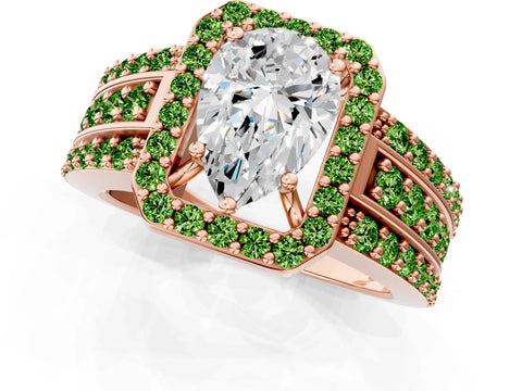 Rose gold Pear Cut Halo Diamond Ring with Round with Peridot side stone Split Shank and Prong Setting_1