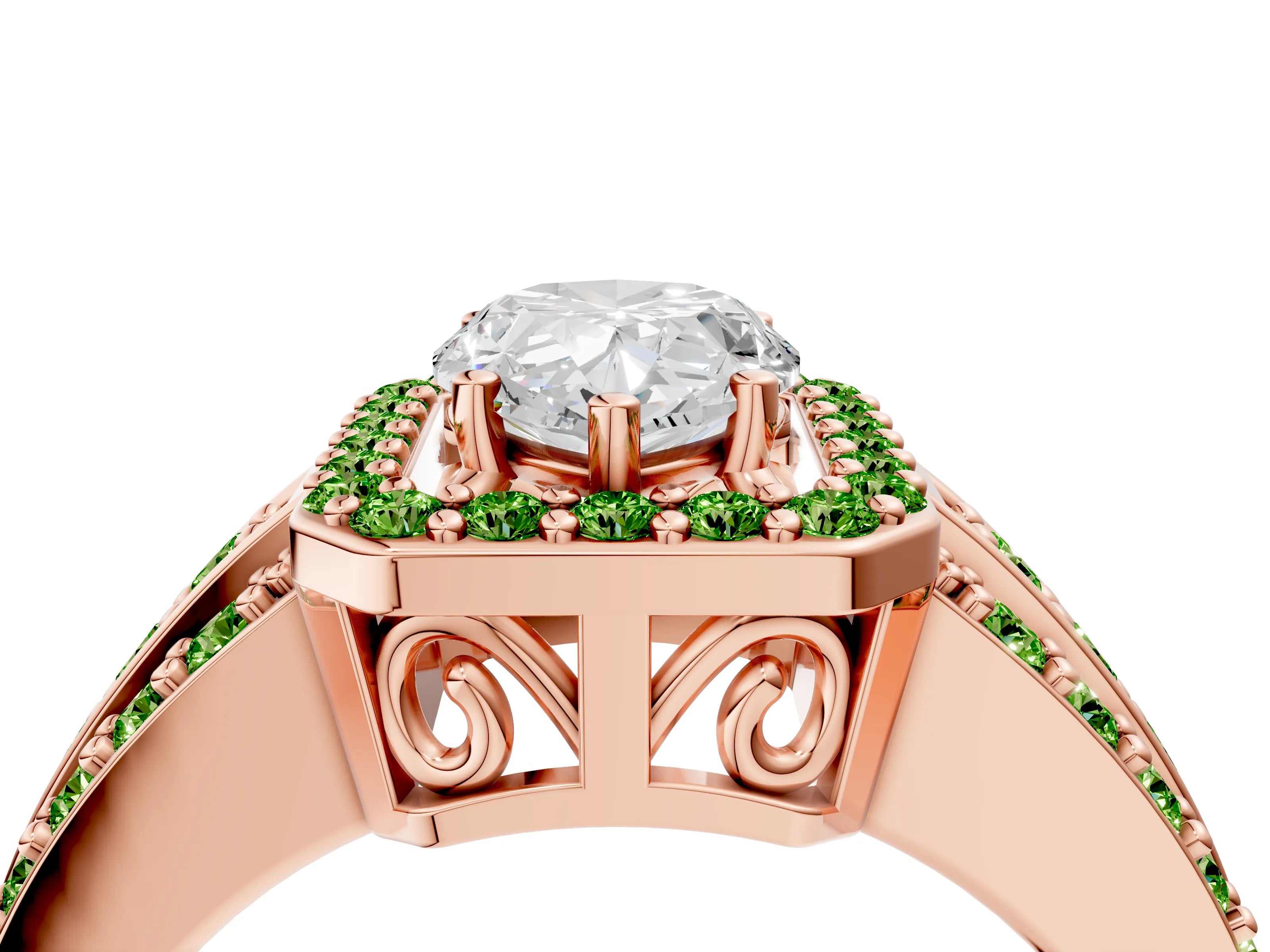 Rose gold Pear Cut Halo Diamond Ring with Round with Peridot side stone Split Shank and Prong Setting_4