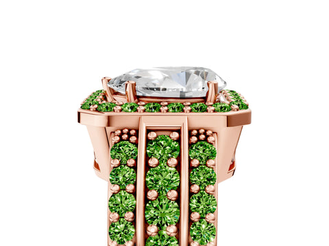 Rose gold Pear Cut Halo Diamond Ring with Round with Peridot side stone Split Shank and Prong Setting_5