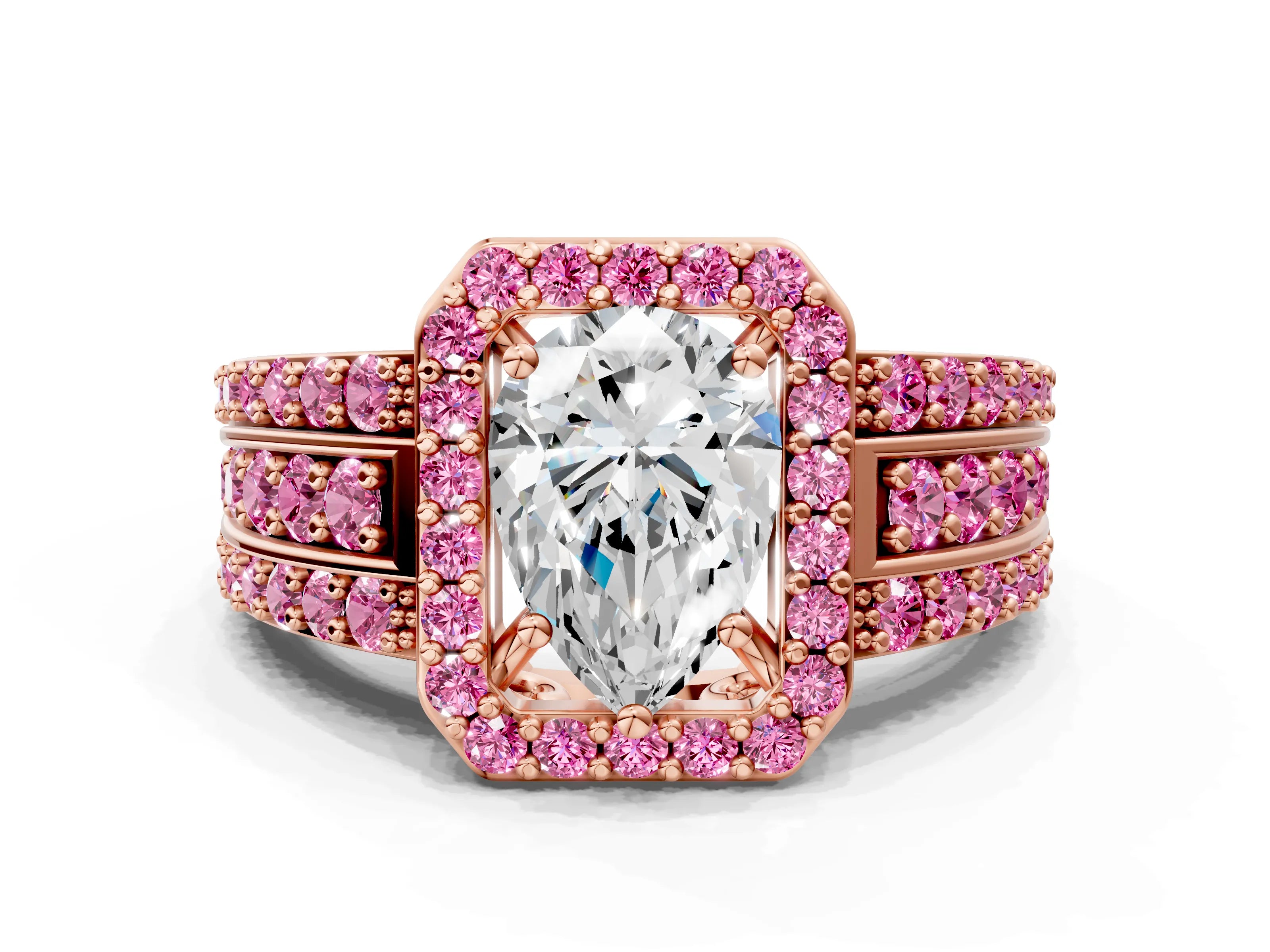 Rose gold Pear Cut Halo Diamond Ring with Round with Pink Sapphire side stone Split Shank and Prong Setting