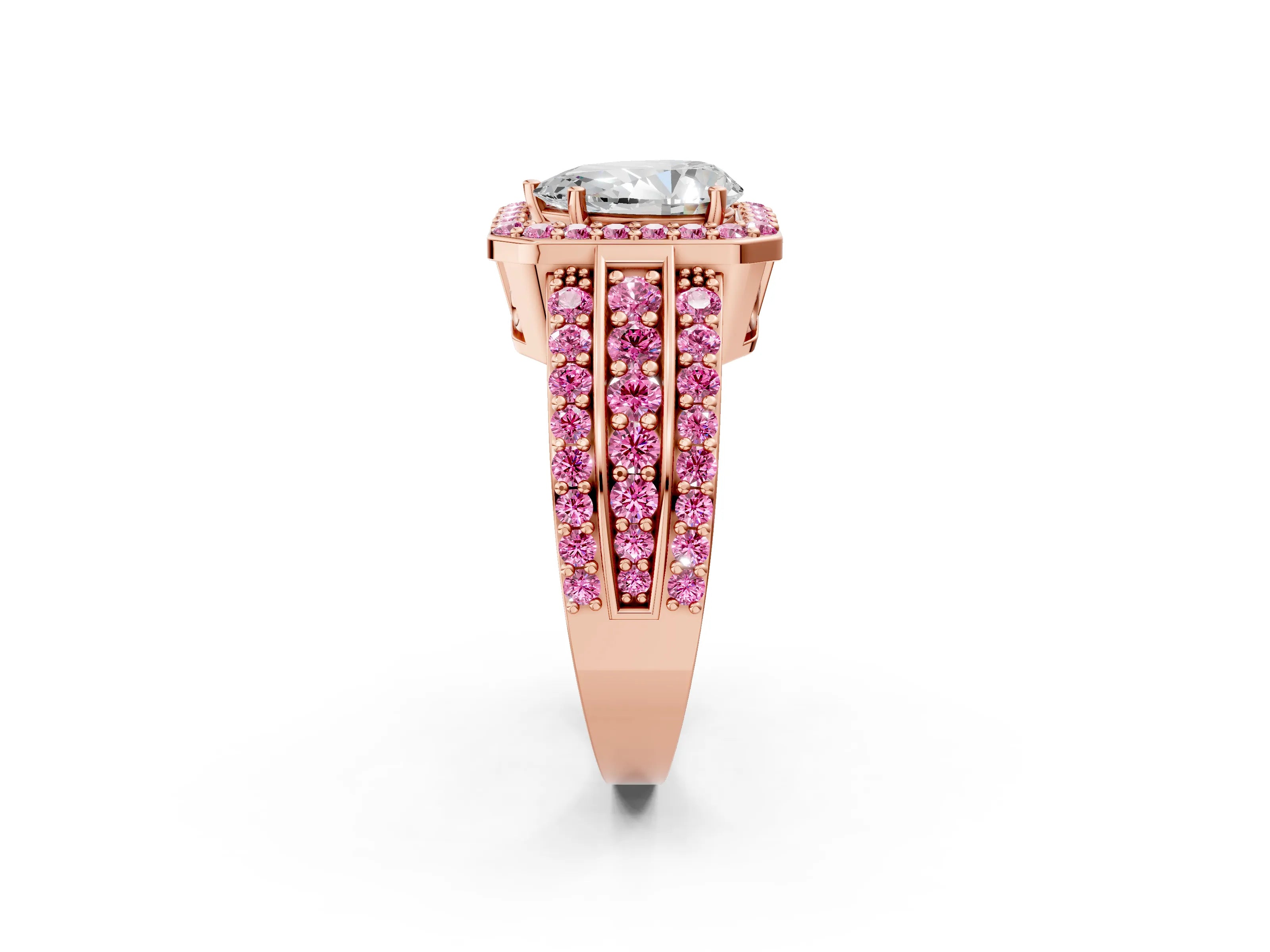 Rose gold Pear Cut Halo Diamond Ring with Round with Pink Sapphire side stone Split Shank and Prong Setting_2