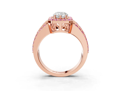 Rose gold Pear Cut Halo Diamond Ring with Round with Pink Sapphire side stone Split Shank and Prong Setting_3