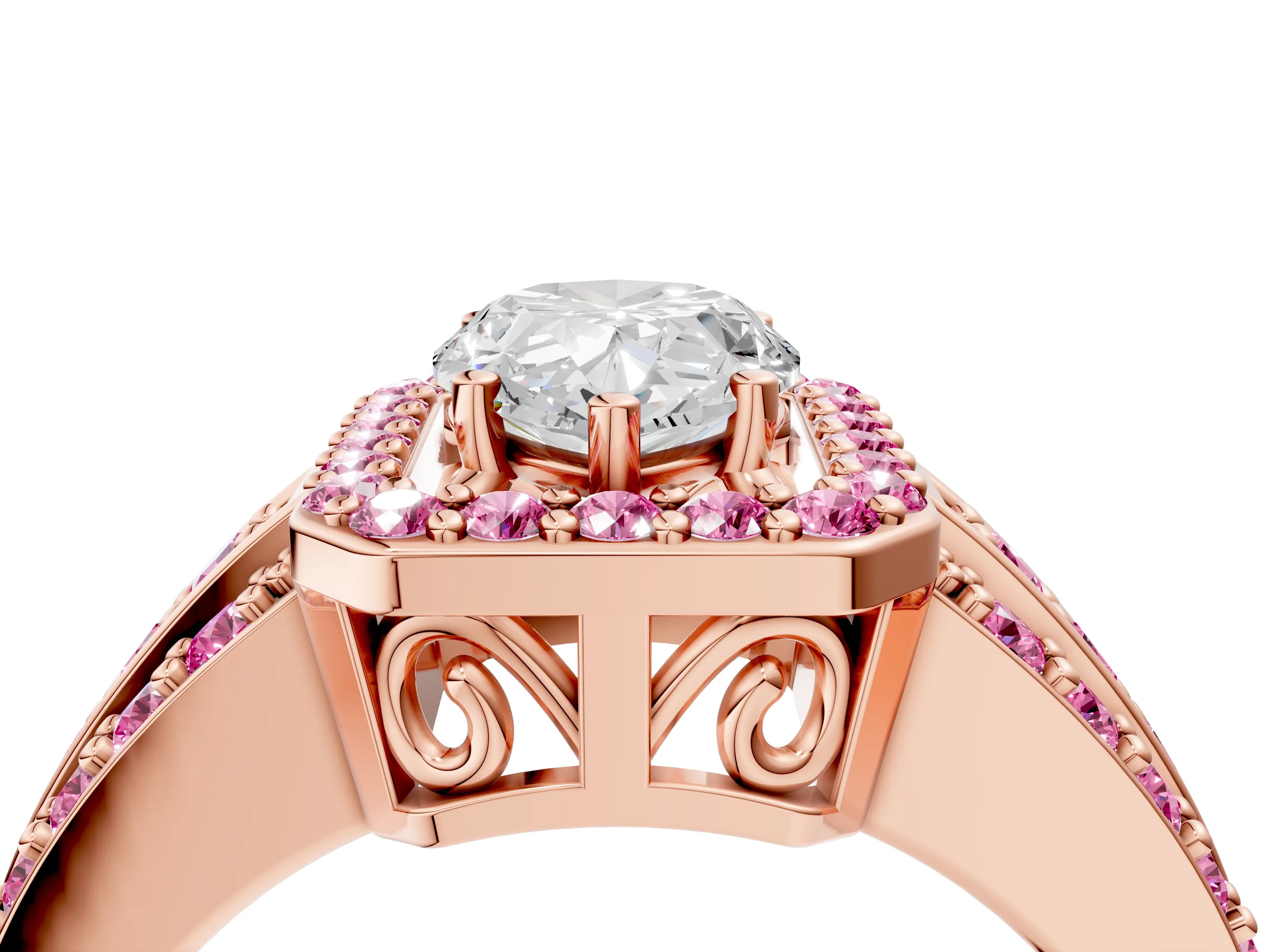 Rose gold Pear Cut Halo Diamond Ring with Round with Pink Sapphire side stone Split Shank and Prong Setting_4