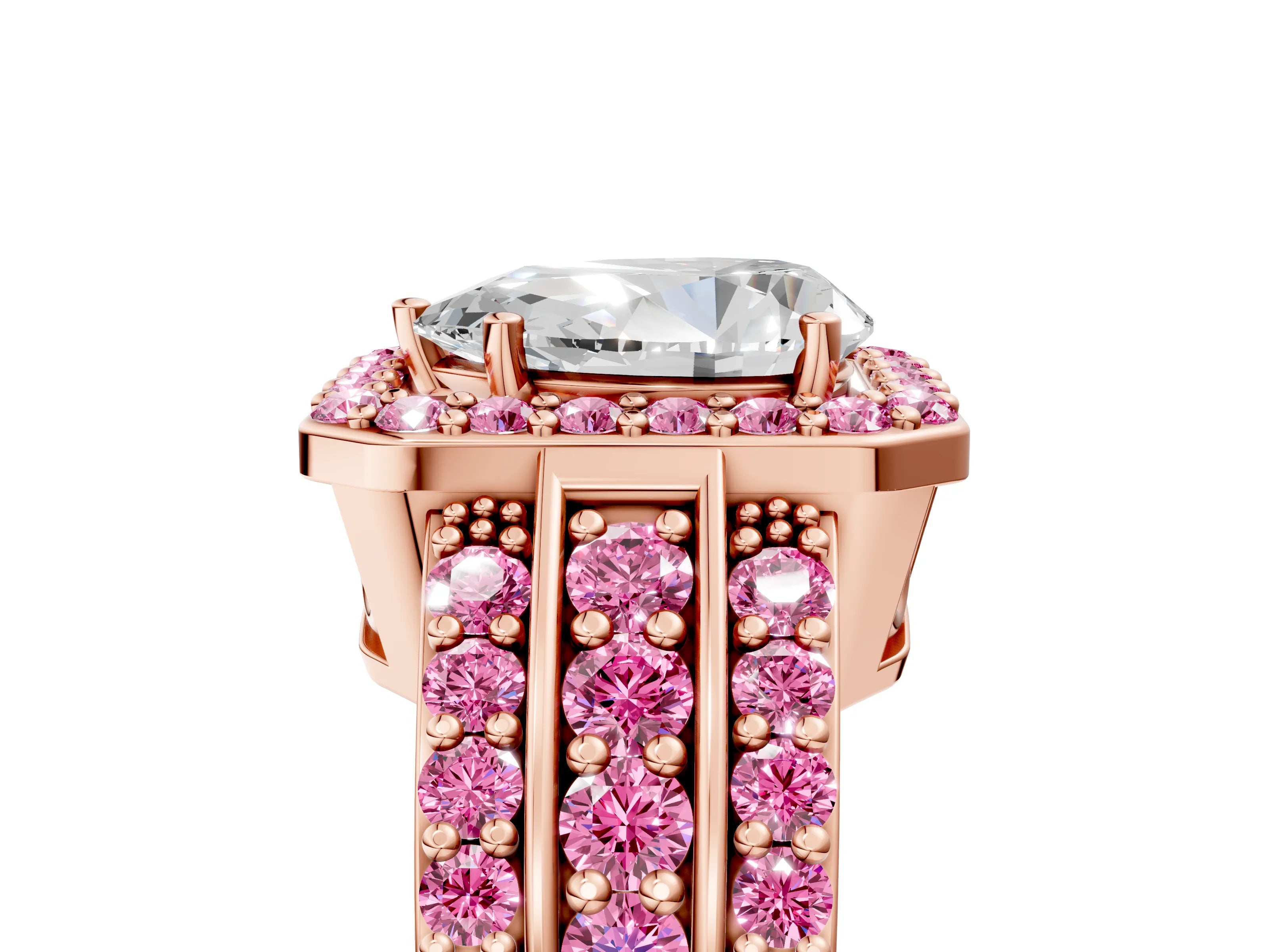 Rose gold Pear Cut Halo Diamond Ring with Round with Pink Sapphire side stone Split Shank and Prong Setting_5