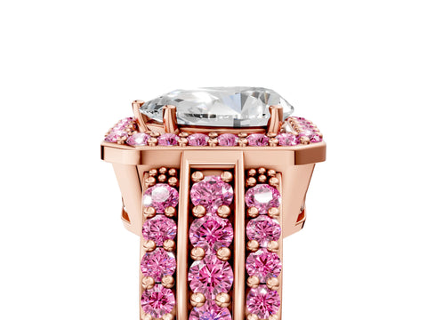 Rose gold Pear Cut Halo Diamond Ring with Round with Pink Sapphire side stone Split Shank and Prong Setting_5