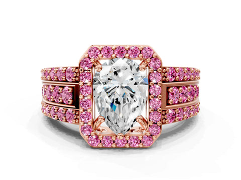 Rose gold Pear Cut Halo Diamond Ring with Round with Pink Sapphire side stone Split Shank and Prong Setting