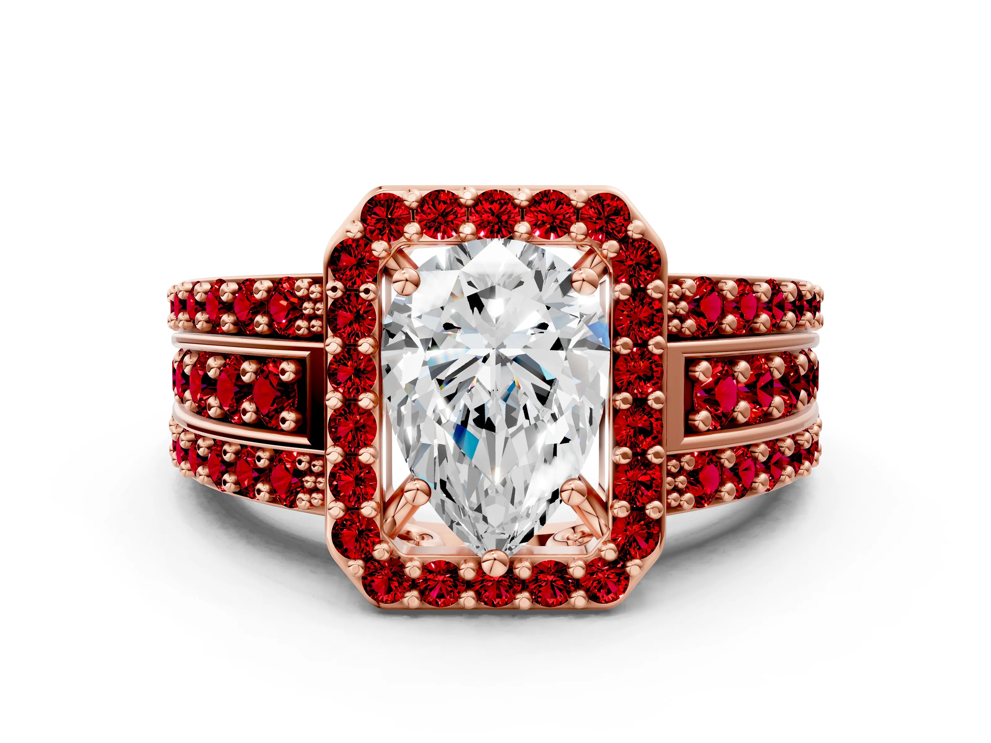 Rose gold Pear Cut Halo Diamond Ring with Round with Ruby side stone Split Shank and Prong Setting