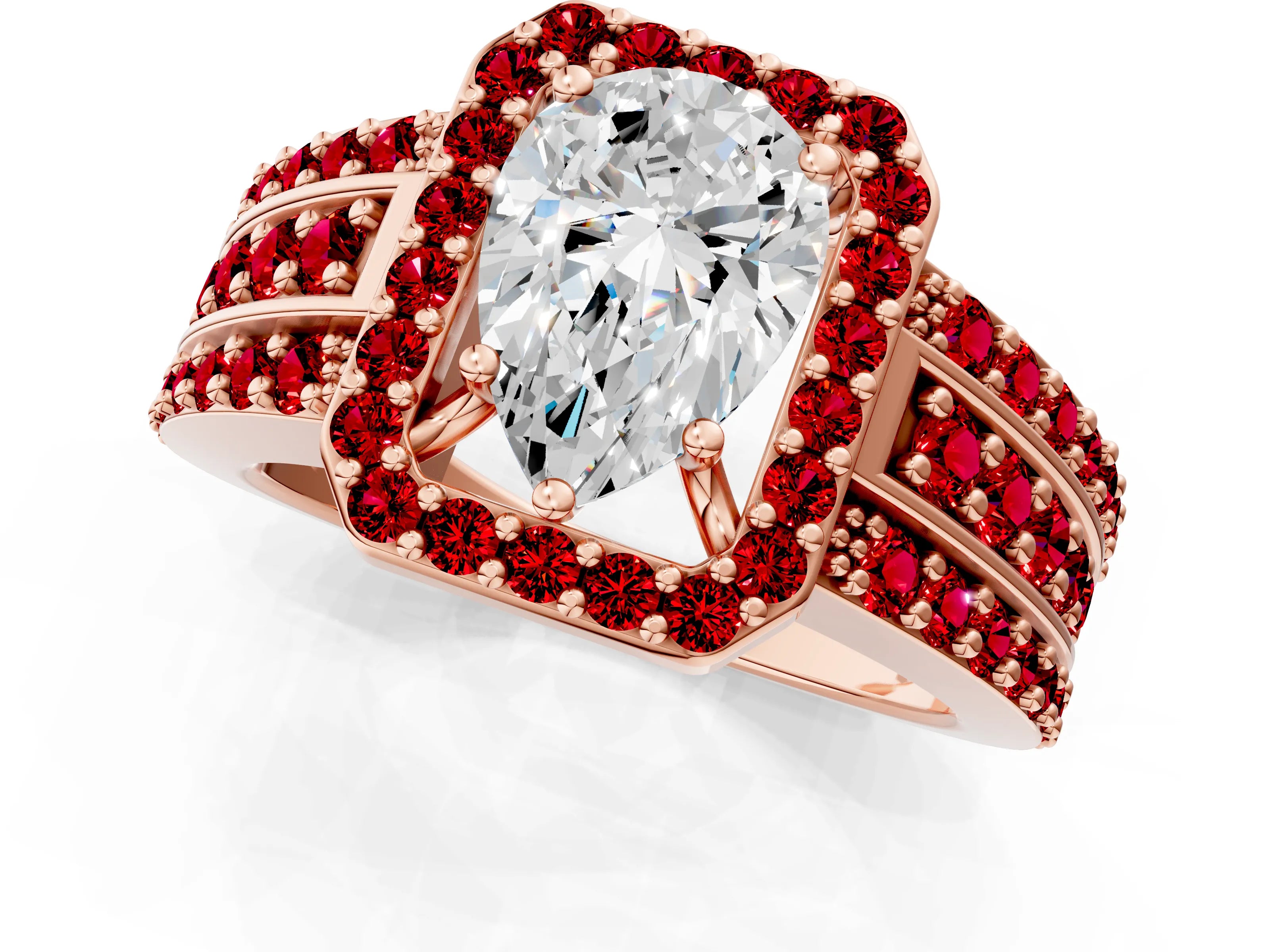 Rose gold Pear Cut Halo Diamond Ring with Round with Ruby side stone Split Shank and Prong Setting_1