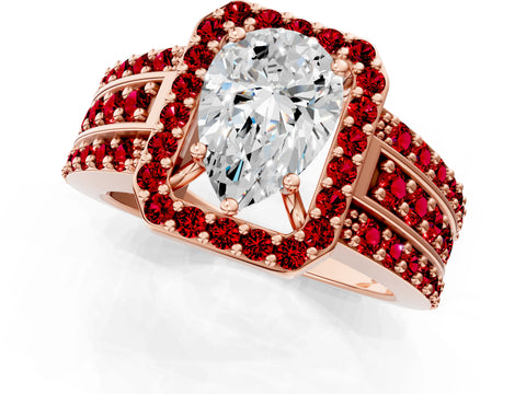 Rose gold Pear Cut Halo Diamond Ring with Round with Ruby side stone Split Shank and Prong Setting_1