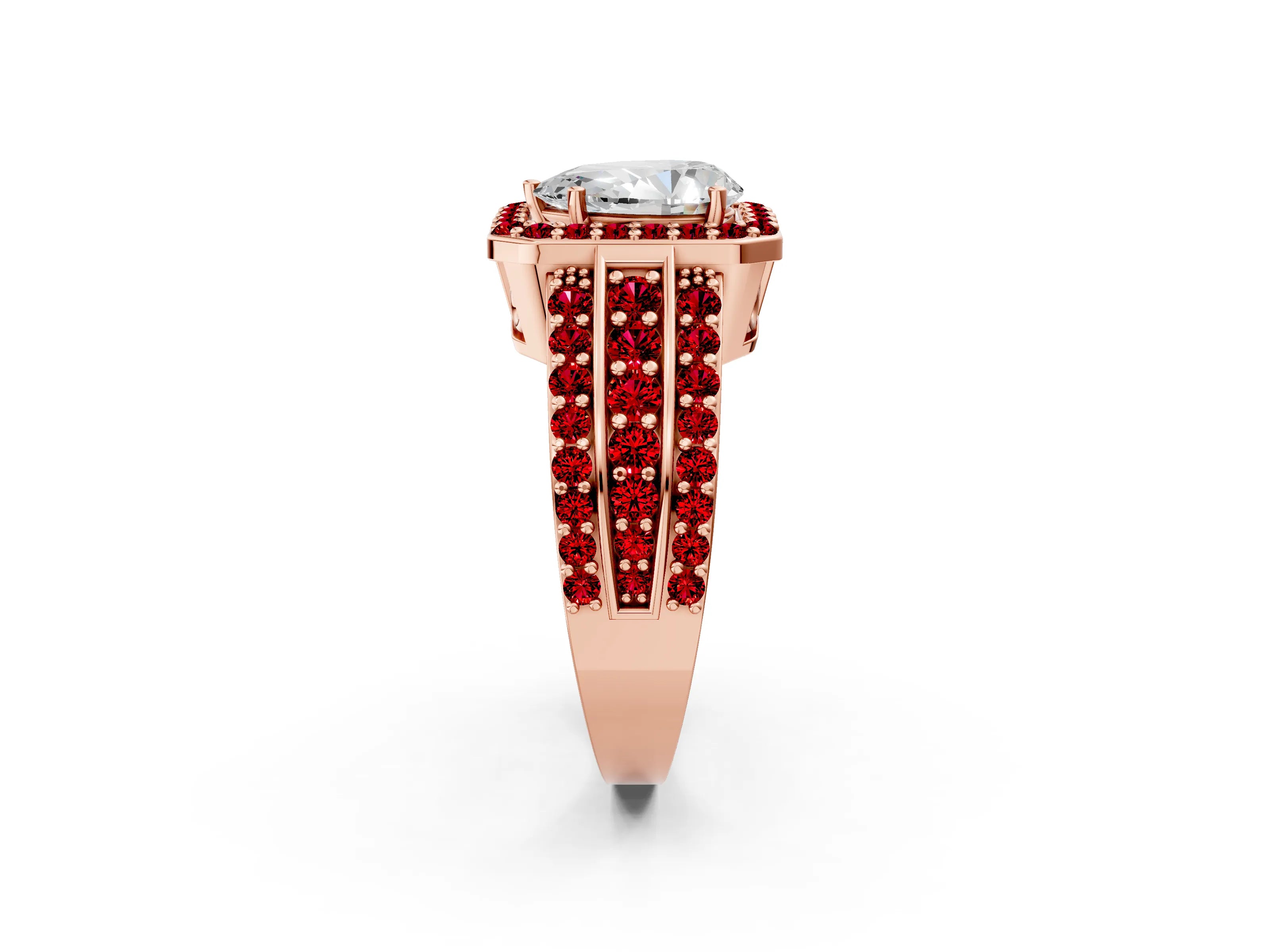 Rose gold Pear Cut Halo Diamond Ring with Round with Ruby side stone Split Shank and Prong Setting_2