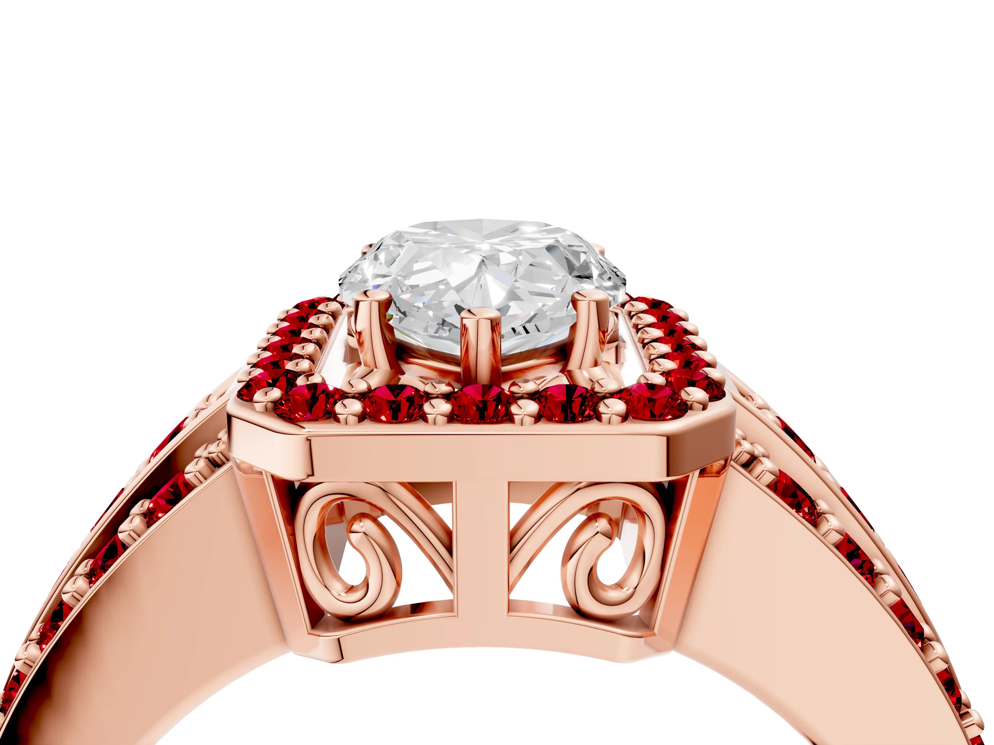 Rose gold Pear Cut Halo Diamond Ring with Round with Ruby side stone Split Shank and Prong Setting_4