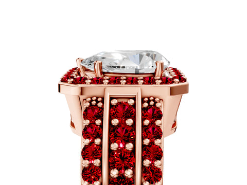 Rose gold Pear Cut Halo Diamond Ring with Round with Ruby side stone Split Shank and Prong Setting_5