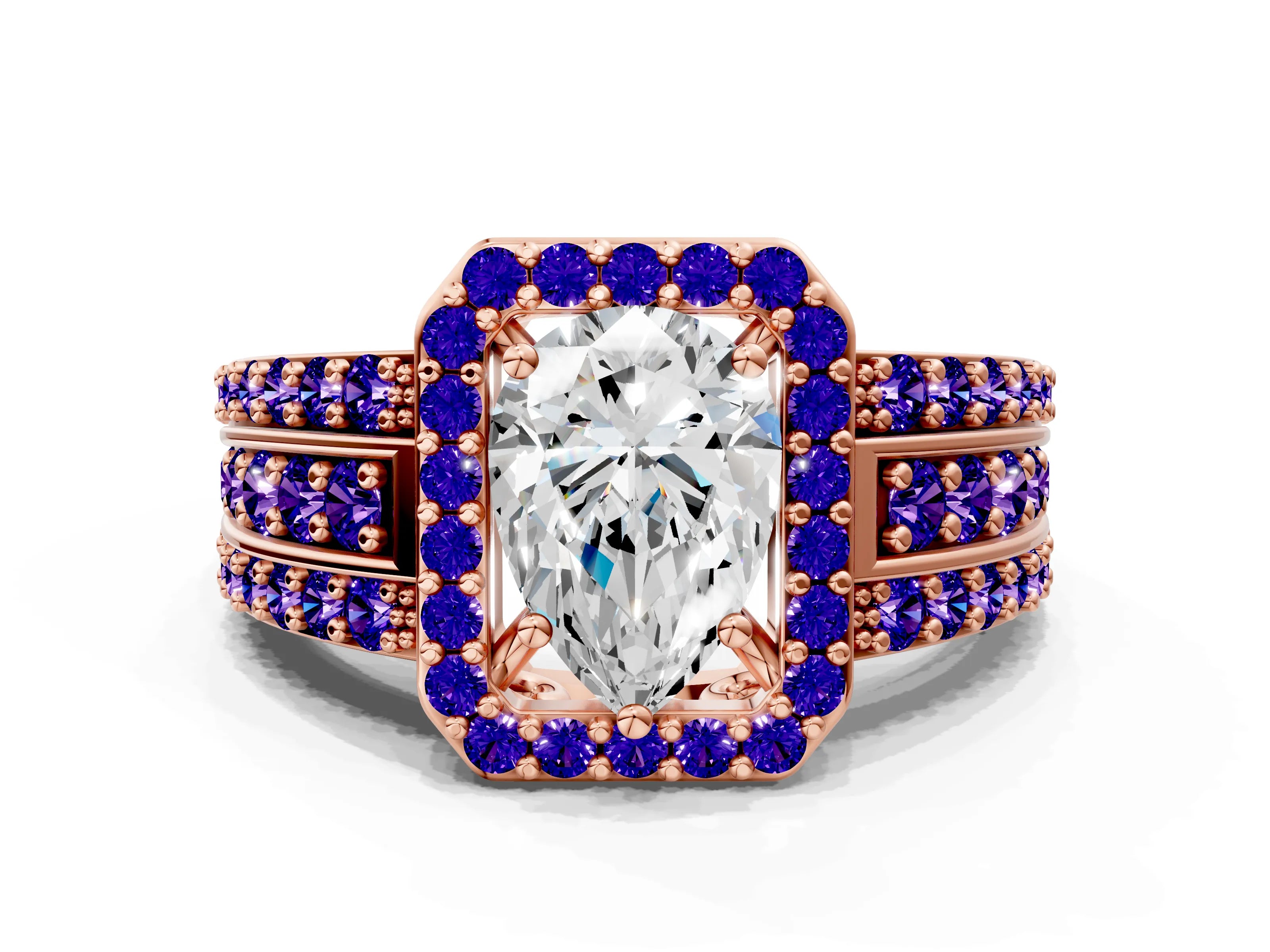 Rose gold Pear Cut Halo Diamond Ring with Round with Tanzanite side stone Split Shank and Prong Setting