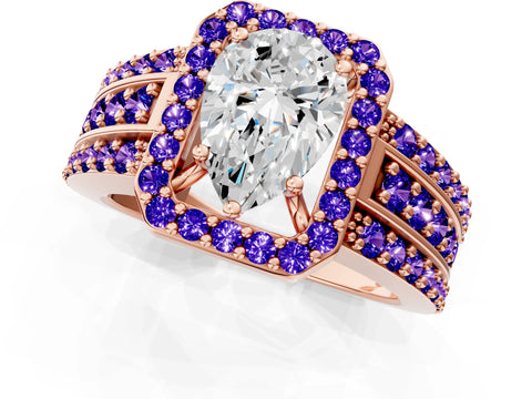 Rose gold Pear Cut Halo Diamond Ring with Round with Tanzanite side stone Split Shank and Prong Setting_1