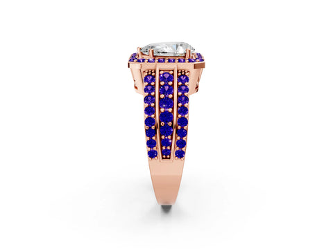 Rose gold Pear Cut Halo Diamond Ring with Round with Tanzanite side stone Split Shank and Prong Setting_2