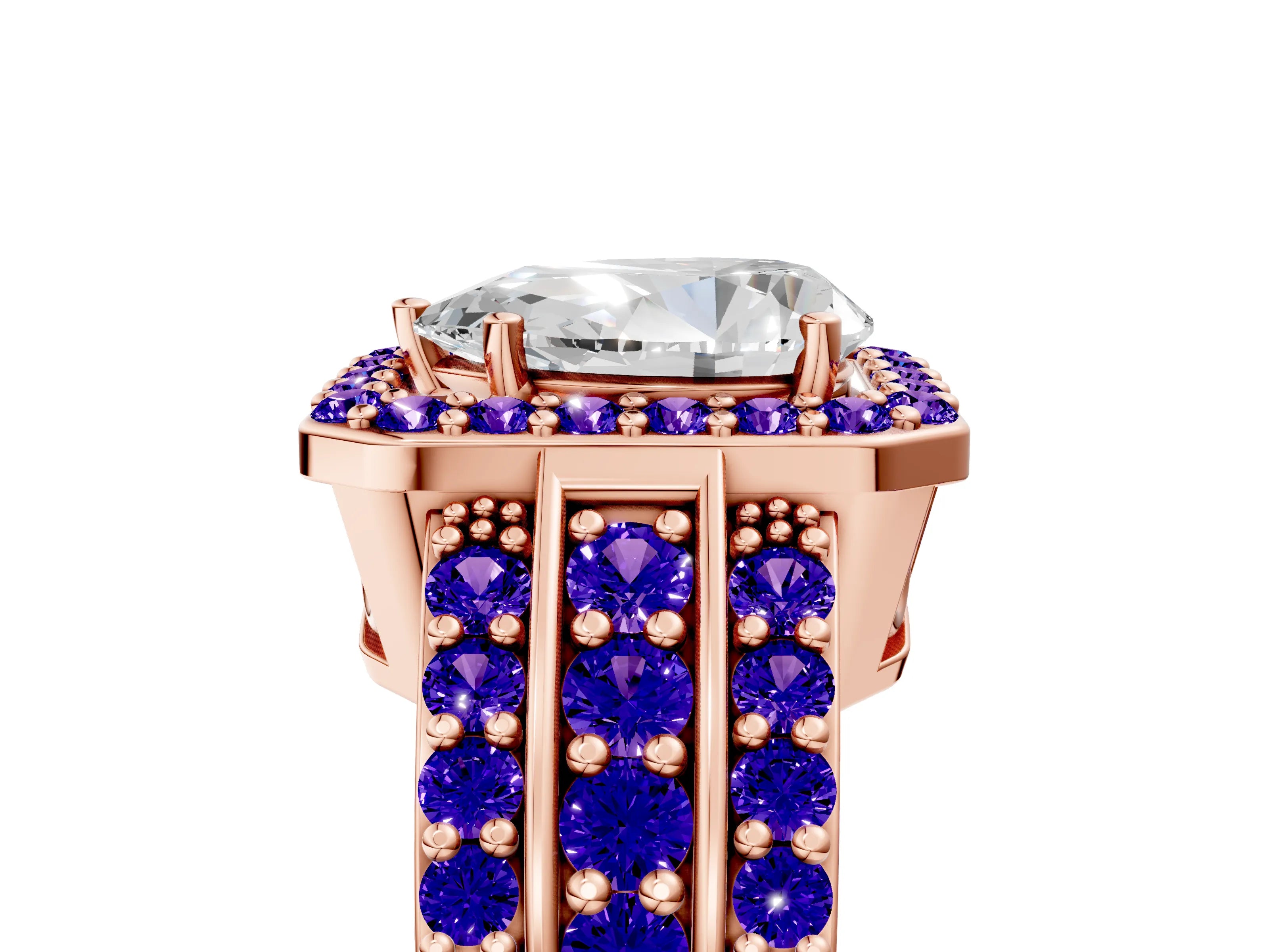 Rose gold Pear Cut Halo Diamond Ring with Round with Tanzanite side stone Split Shank and Prong Setting_5