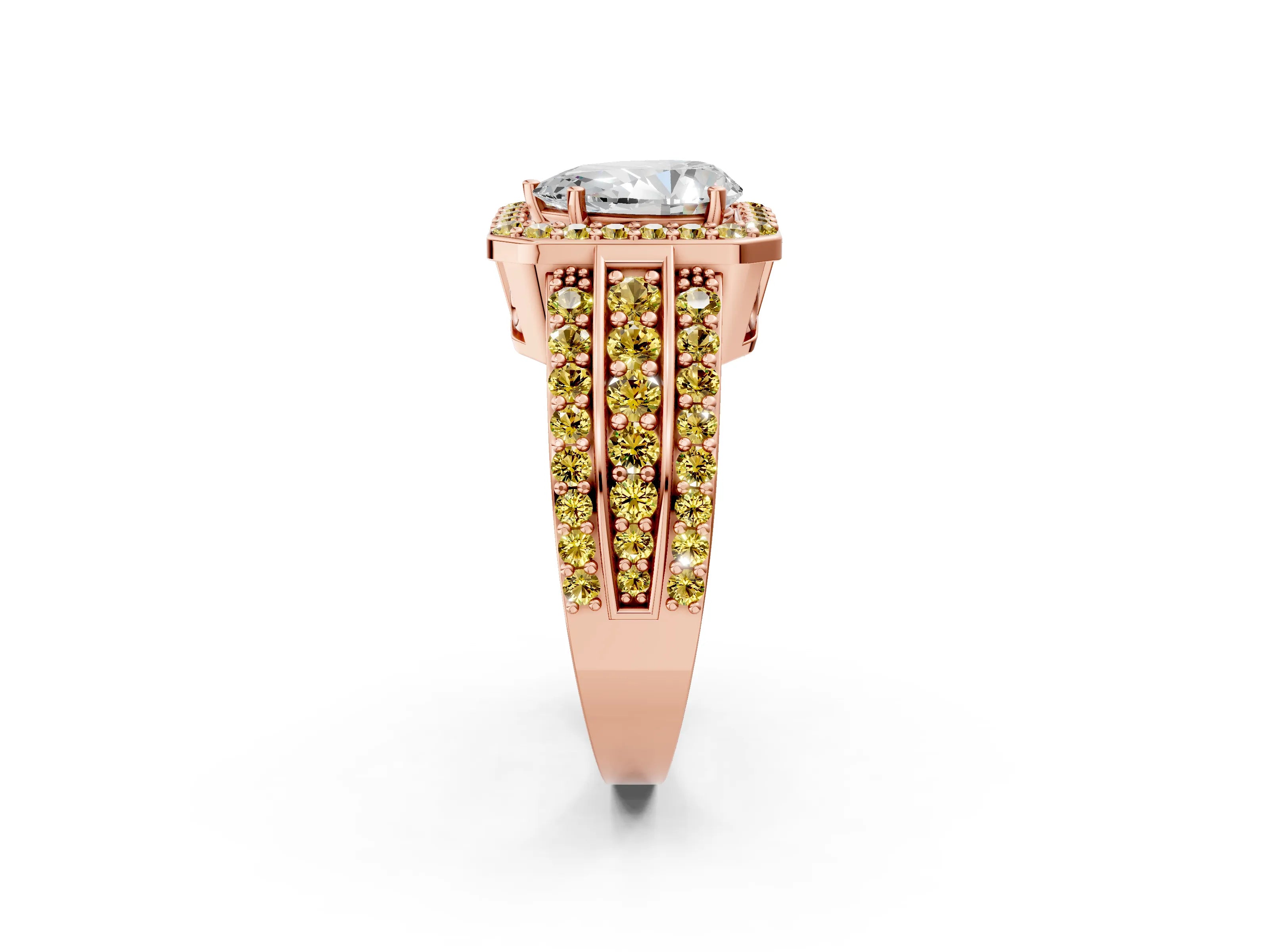 Rose gold Pear Cut Halo Diamond Ring with Round with Yellow Sapphire side stone Split Shank and Prong Setting_2