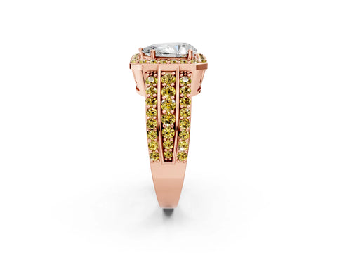 Rose gold Pear Cut Halo Diamond Ring with Round with Yellow Sapphire side stone Split Shank and Prong Setting_2