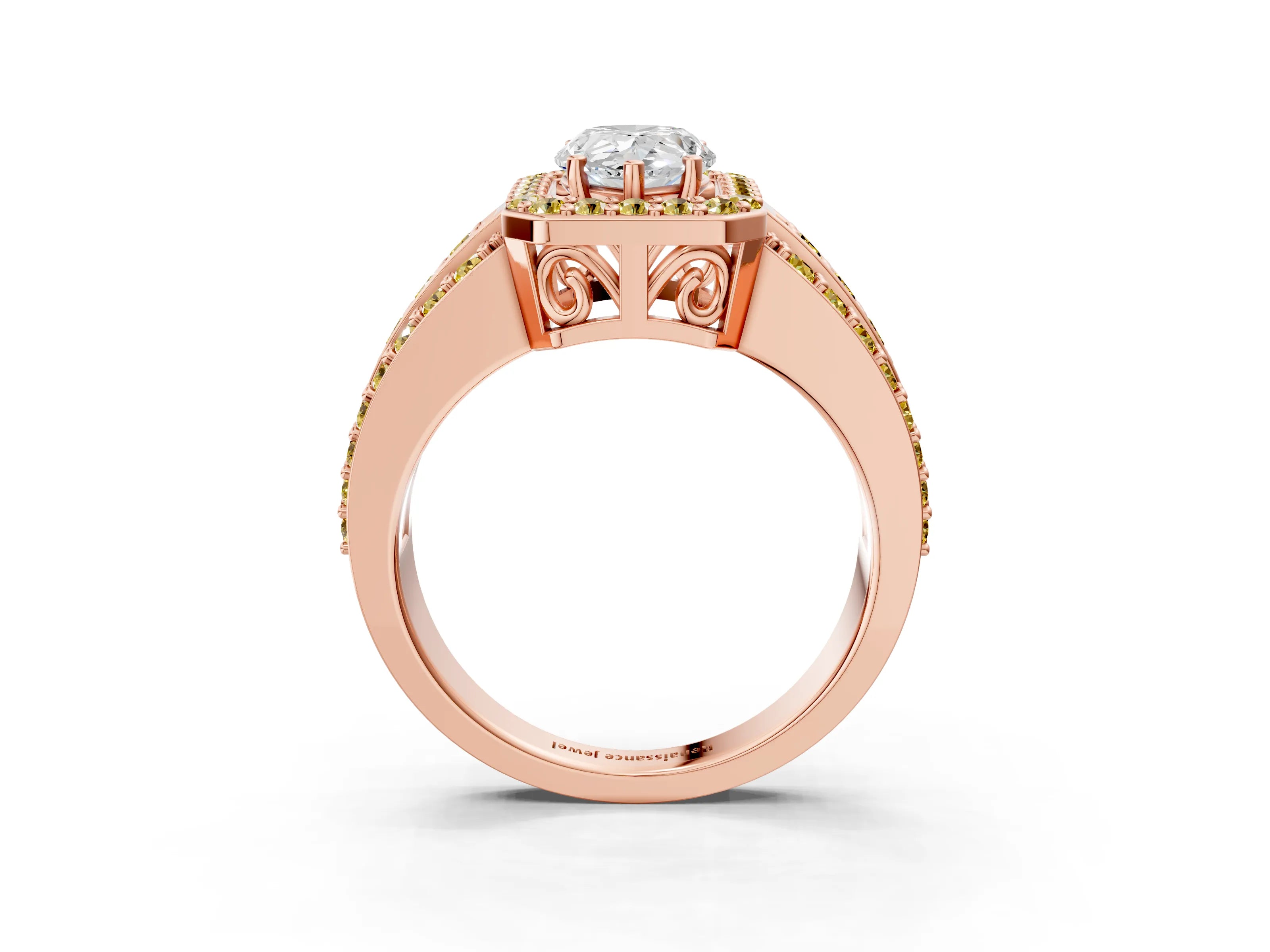 Rose gold Pear Cut Halo Diamond Ring with Round with Yellow Sapphire side stone Split Shank and Prong Setting_3