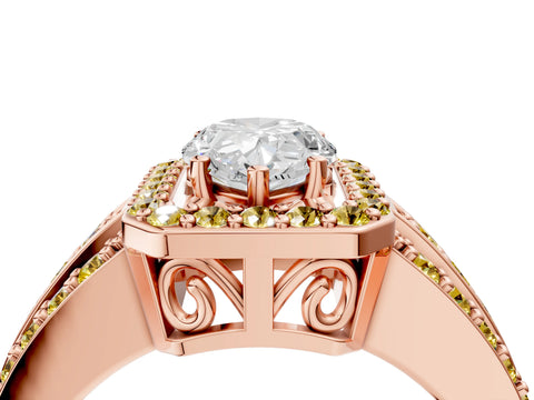 Rose gold Pear Cut Halo Diamond Ring with Round with Yellow Sapphire side stone Split Shank and Prong Setting_4