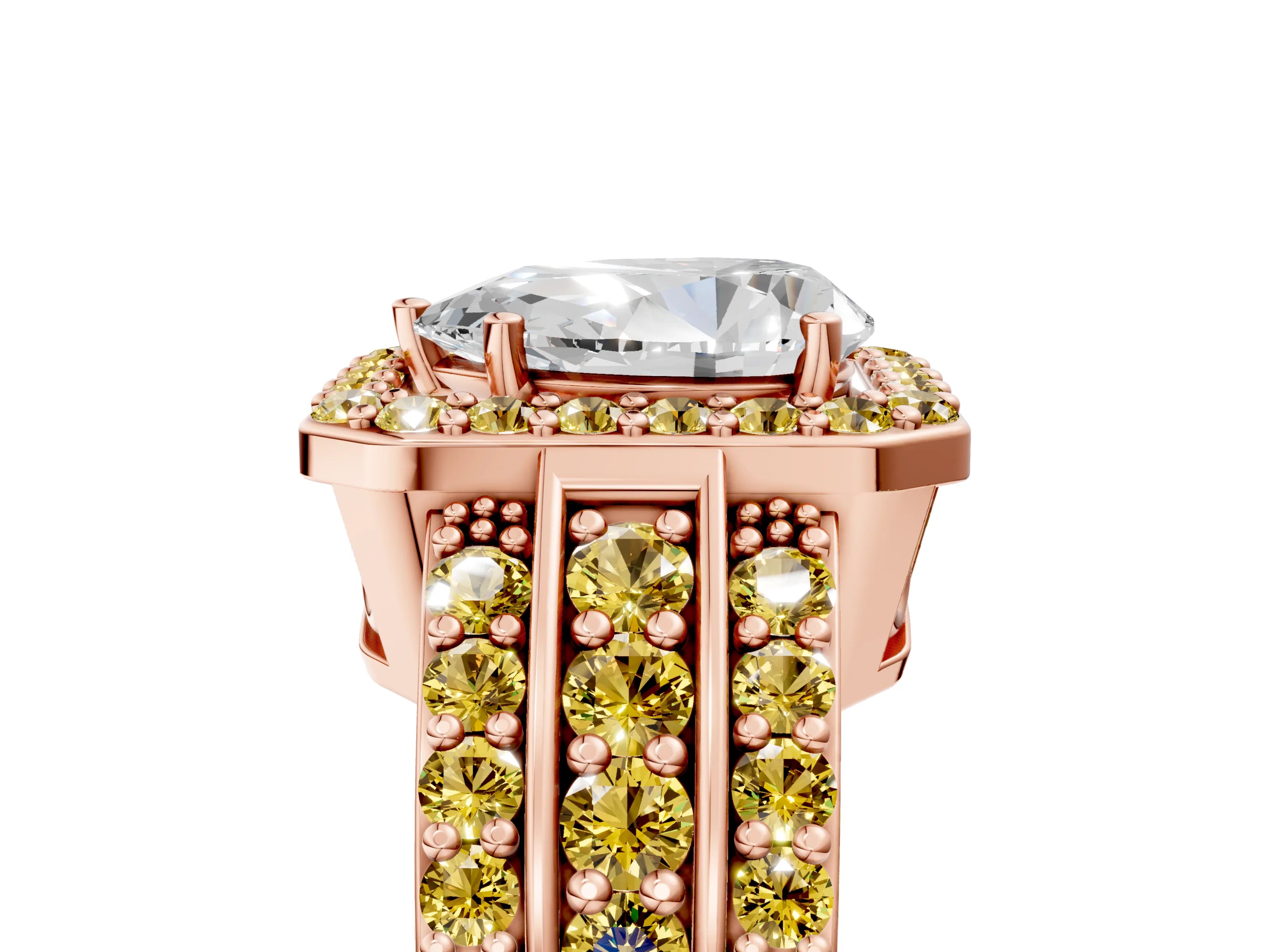 Rose gold Pear Cut Halo Diamond Ring with Round with Yellow Sapphire side stone Split Shank and Prong Setting_5