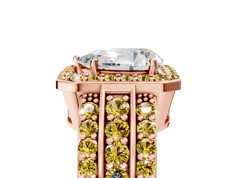 Rose gold Pear Cut Halo Diamond Ring with Round with Yellow Sapphire side stone Split Shank and Prong Setting_5