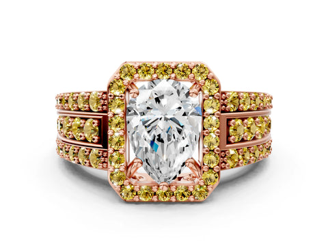 Rose gold Pear Cut Halo Diamond Ring with Round with Yellow Sapphire side stone Split Shank and Prong Setting