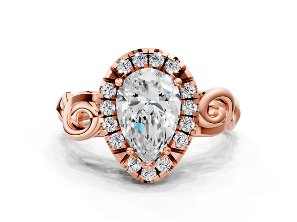Rose gold Pear Cut Halo Diamond Ring with Scrollwork Band and Four-Prong Setting