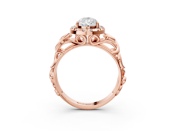 Rose gold Pear Cut Halo Diamond Ring with Scrollwork Band and Four-Prong Setting