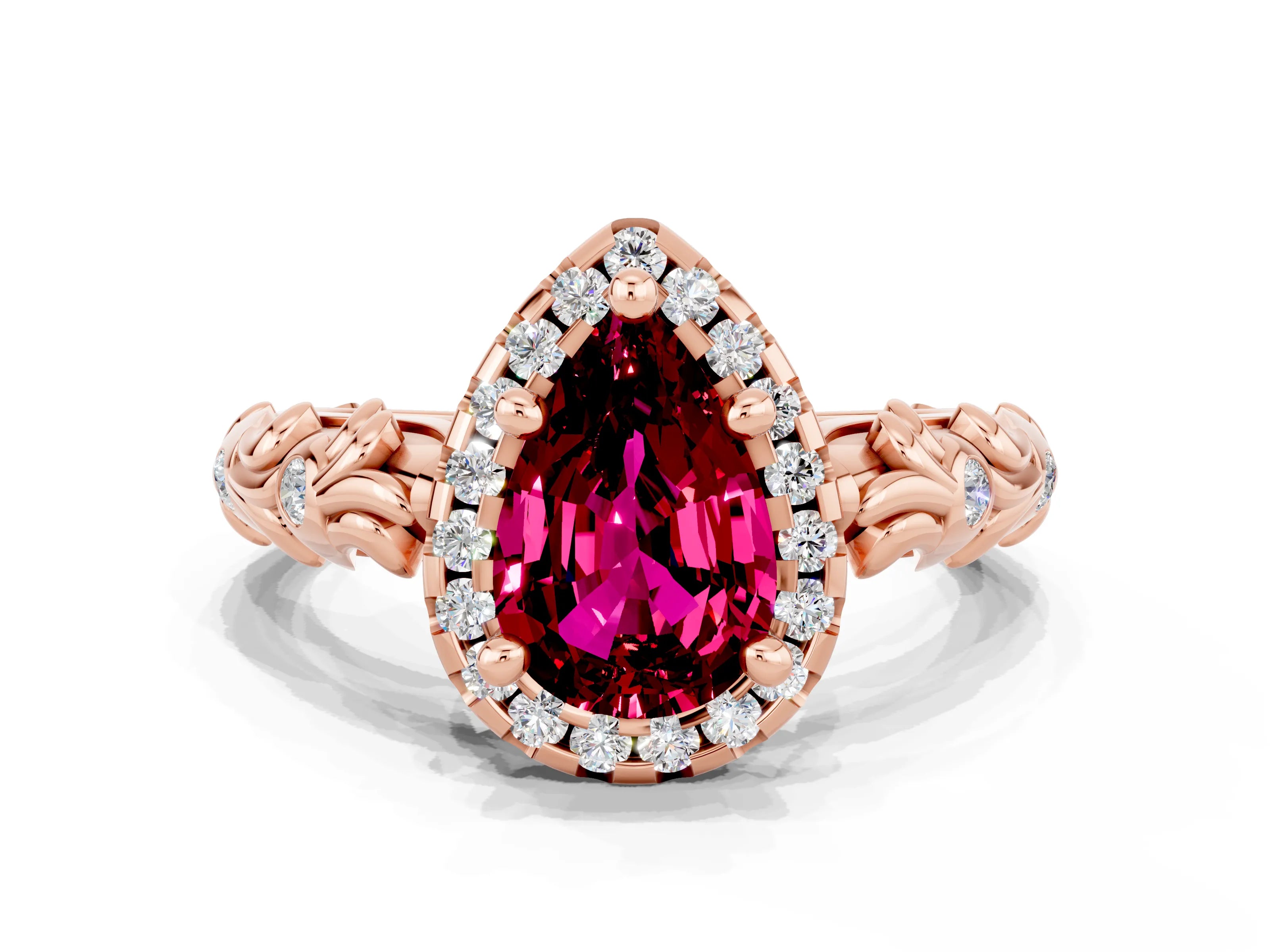 Rose gold Pear Cut Halo Diamond Solitaire with Filigree Band and Four-Prong Setting