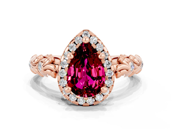 Rose gold Pear Cut Garnet Halo Ring with Filigree Band and Prong Setting