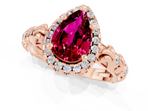 Rose gold Pear Cut Garnet Halo Ring with Filigree Band and Prong Setting