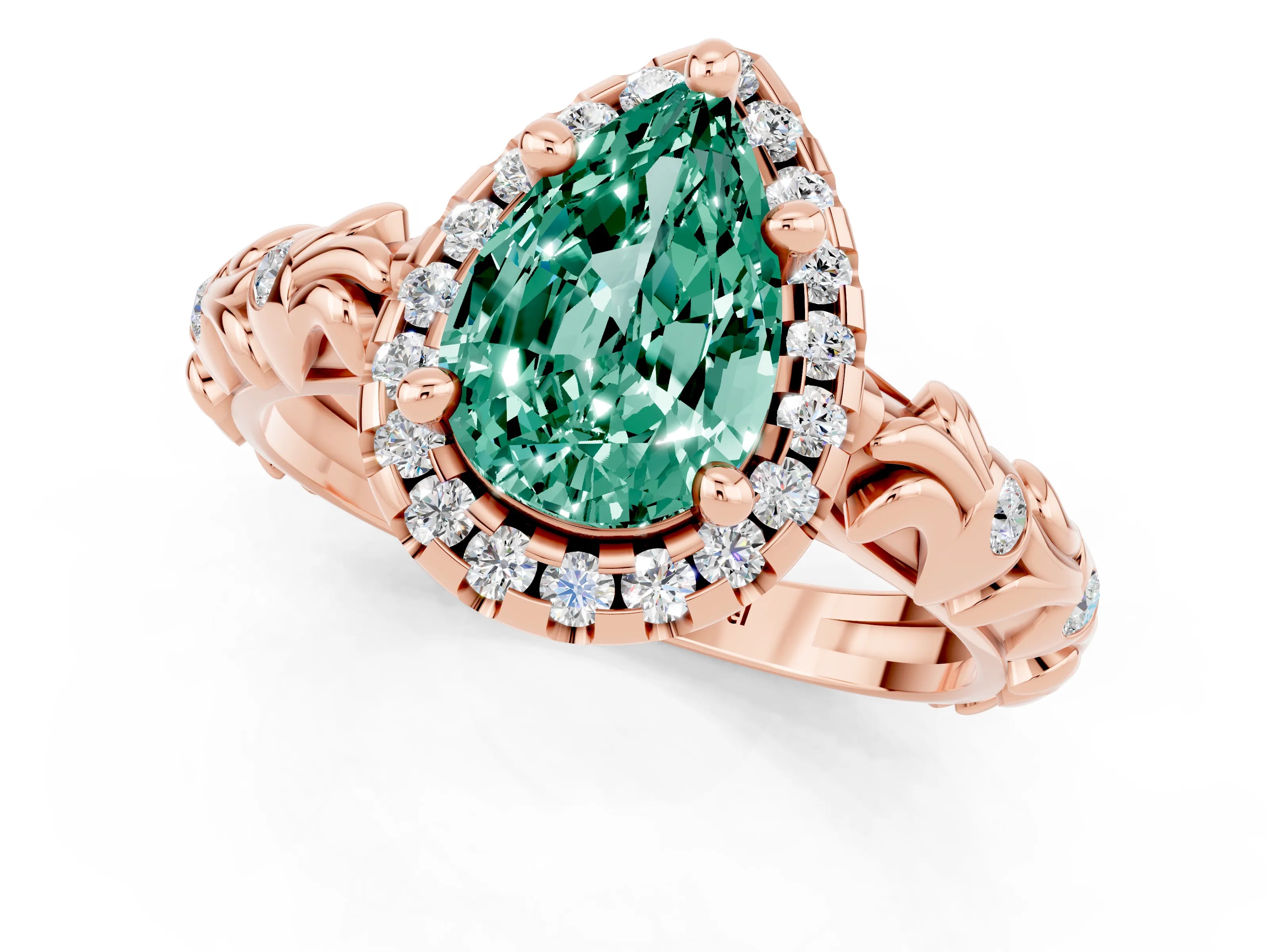 Rose gold Pear Cut Halo Diamond Solitaire with Filigree Band and Four-Prong Setting_1