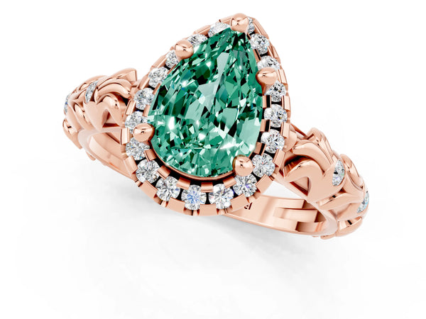 Rose gold Pear Cut Green Sapphire Halo Ring with Filigree Band and Prong Setting