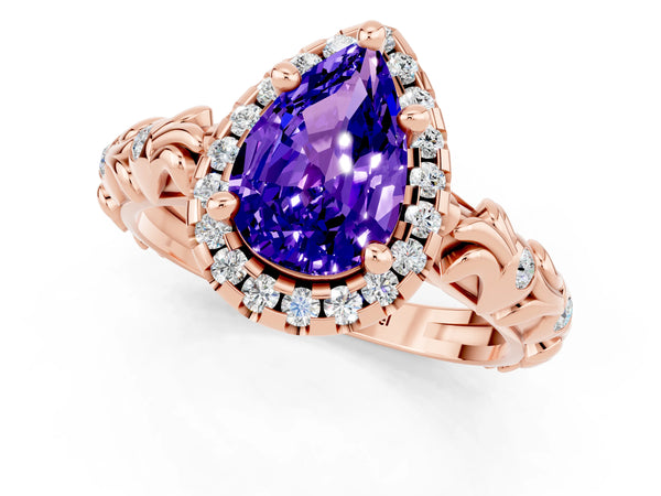 Rose gold Pear Cut Tanzanite Halo Ring with Filigree Band and Prong Setting