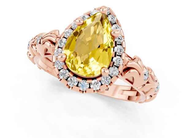Rose gold Pear Cut Yellow Sapphire Halo Ring with Filigree Band and Prong Setting