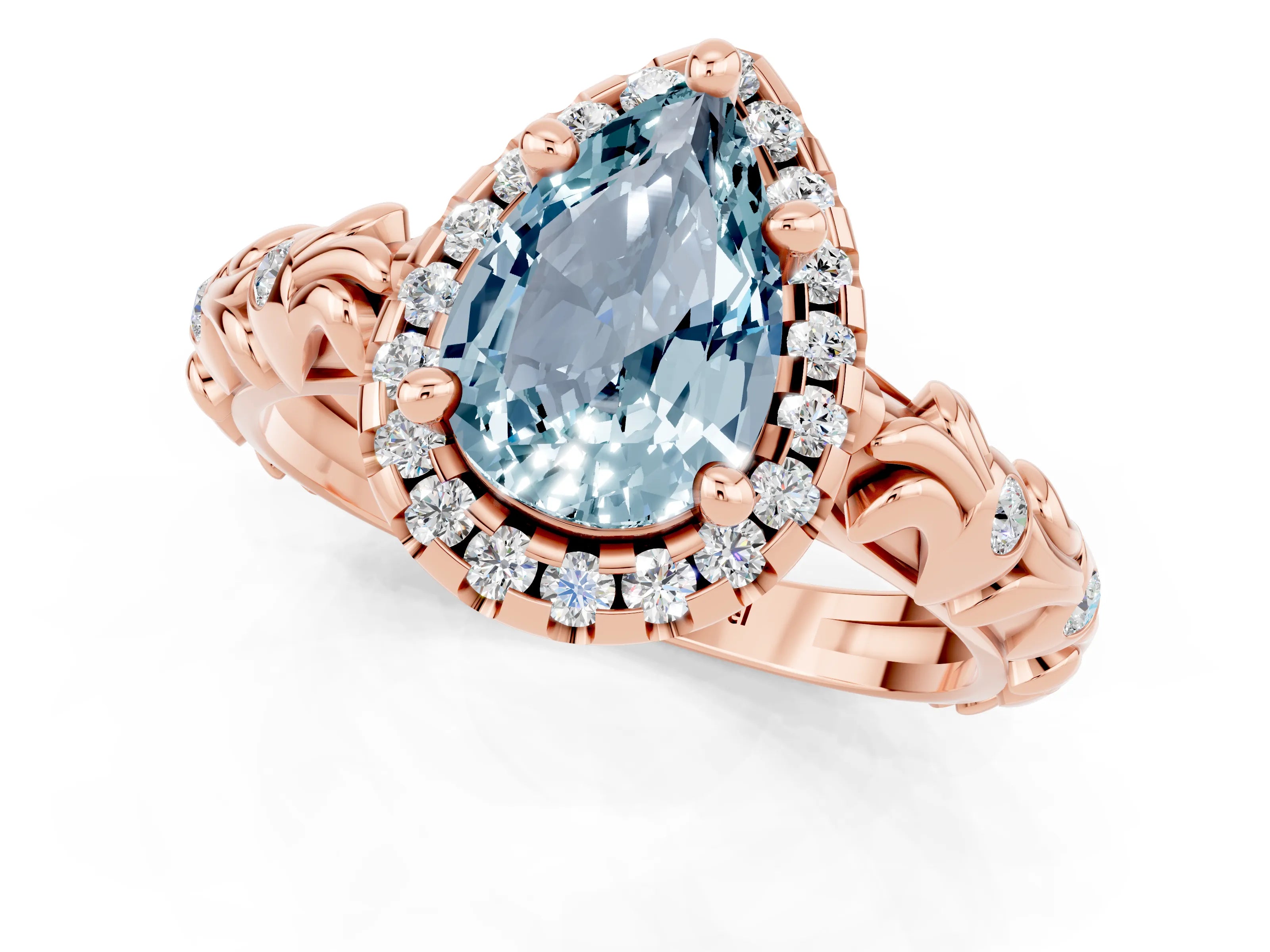 Rose gold Pear Cut Halo Diamond Solitaire with Filigree Band and Four-Prong Setting_1