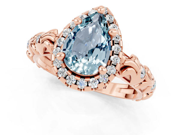Rose gold Pear Cut Aquamarine Halo Ring with Filigree Band and Prong Setting