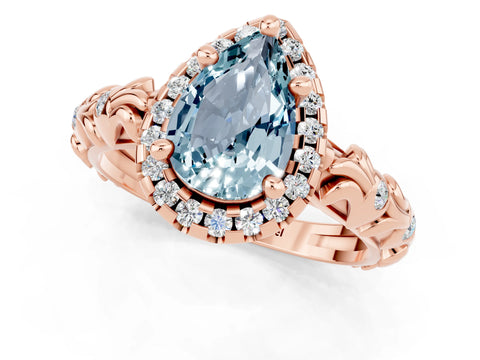 Rose gold Pear Cut Halo Diamond Solitaire with Filigree Band and Four-Prong Setting_1