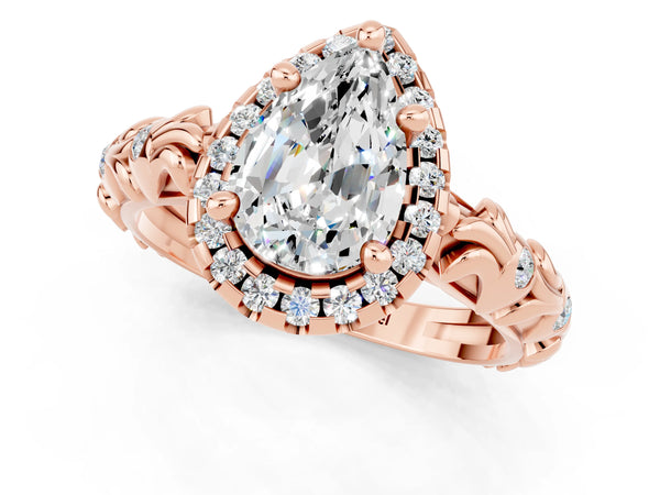 Rose gold Pear Cut Moissanite Halo Ring with Filigree Band and Prong Setting