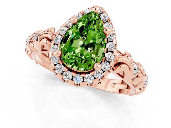 Rose gold Pear Cut Peridot Halo Ring with Filigree Band and Prong Setting
