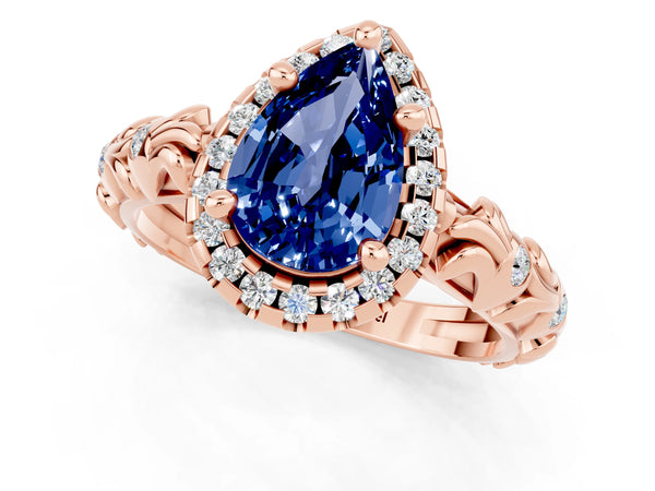 Rose gold Pear Cut Blue Sapphire Halo Ring with Filigree Band and Prong Setting