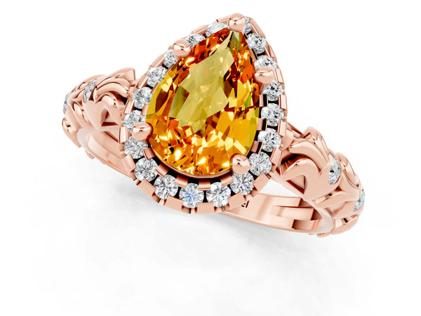 Rose gold Pear Cut Citrine Halo Ring with Filigree Band and Prong Setting