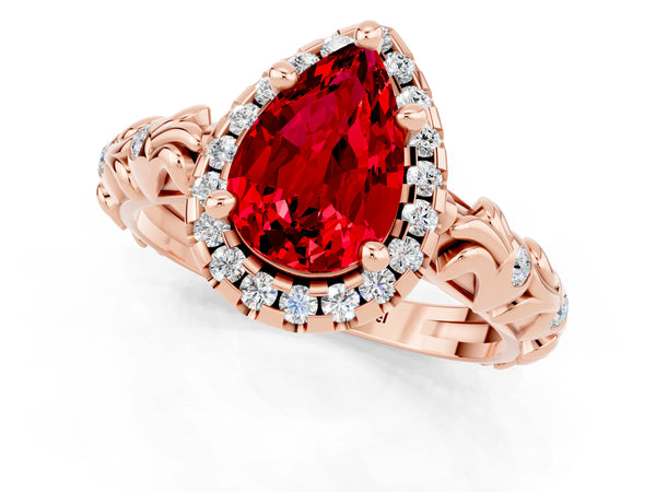 Rose gold Pear Cut Ruby Halo Ring with Filigree Band and Prong Setting
