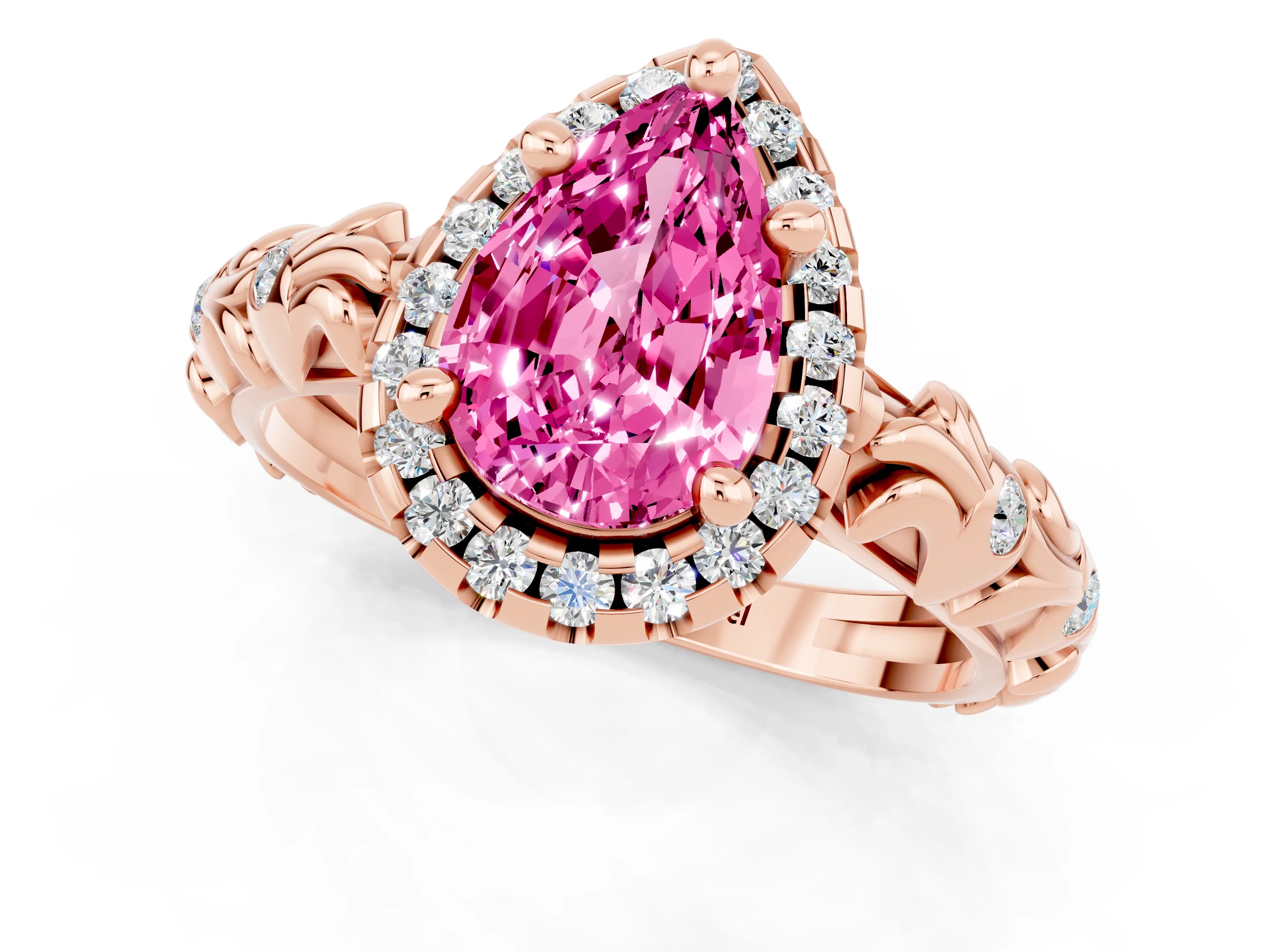 Rose gold Pear Cut Halo Diamond Solitaire with Filigree Band and Four-Prong Setting_1
