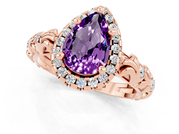 Rose gold Pear Cut Amethyst Halo Ring with Filigree Band and Prong Setting