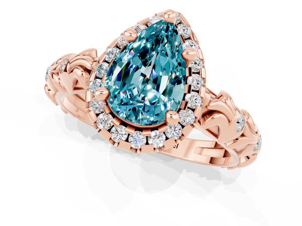 Rose gold Pear Cut Halo Diamond Solitaire with Filigree Band and Four-Prong Setting