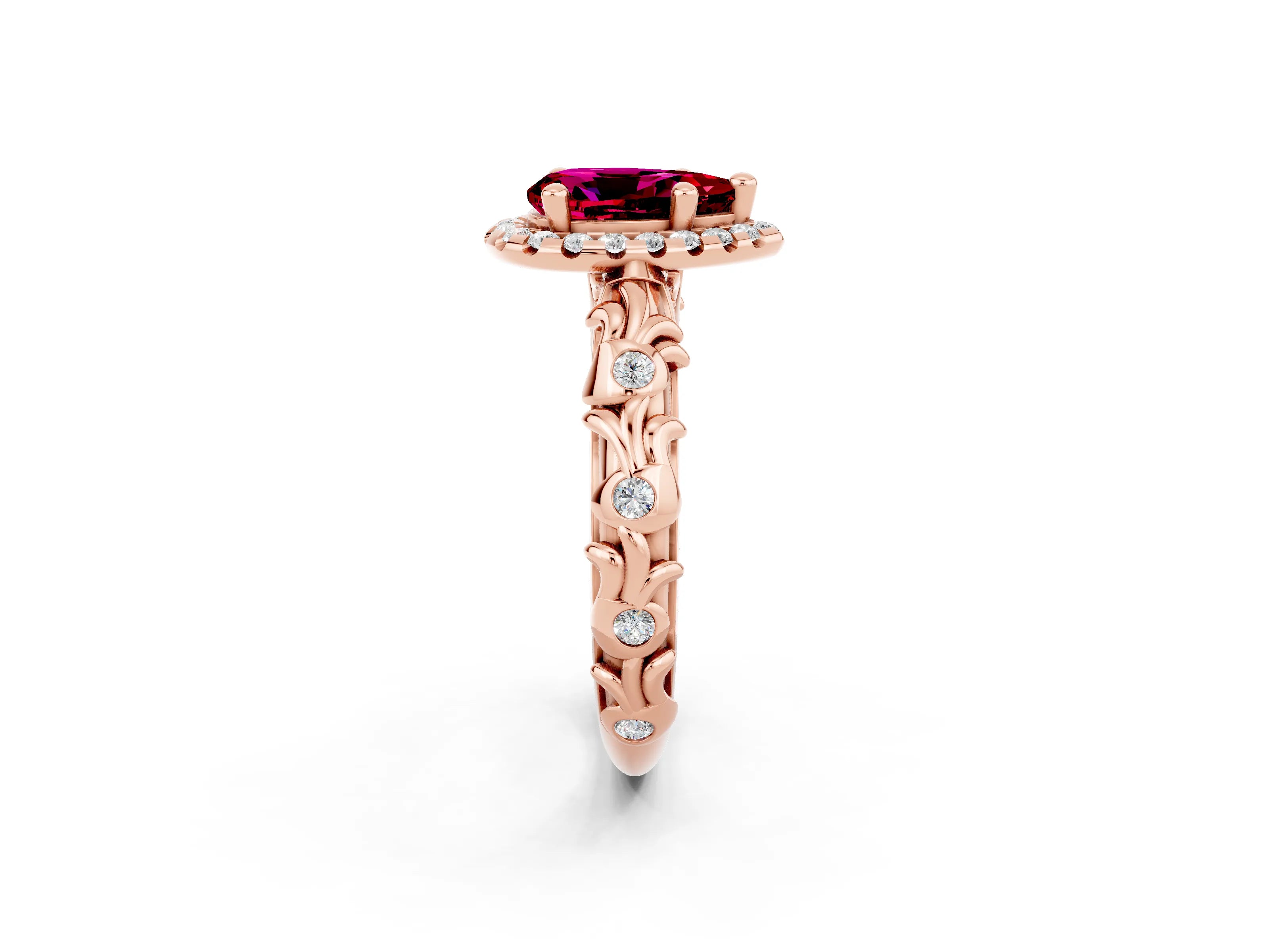 Rose gold Pear Cut Halo Diamond Solitaire with Filigree Band and Four-Prong Setting_2