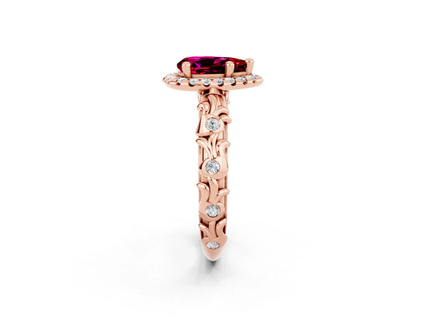 Rose gold Pear Cut Garnet Halo Ring with Filigree Band and Prong Setting