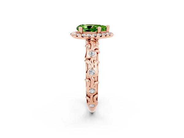 Rose gold Pear Cut Peridot Halo Ring with Filigree Band and Prong Setting
